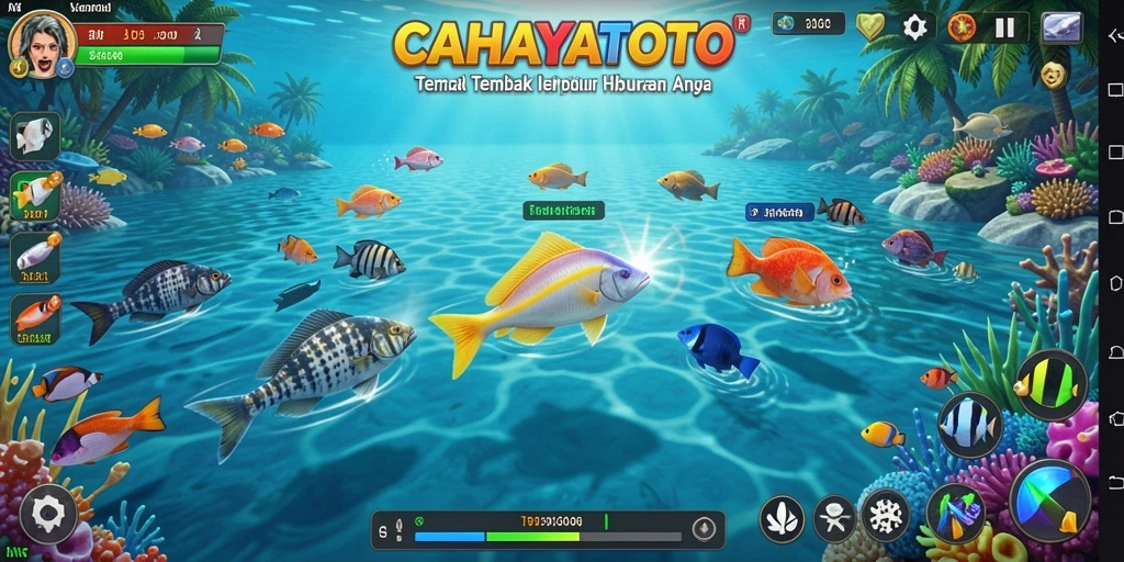 Tampilan gameplay seru dalam CAHAYATOTO saat menangkap ikan.