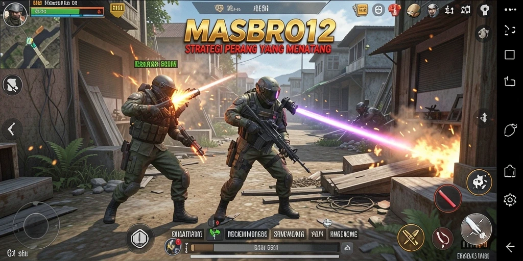 Tangkapan layar utama MASBRO12 menampilkan pertempuran strategi yang intens.