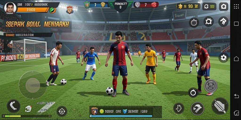 Screenshot POROS77 menampilkan aksi seru di lapangan sepak bola.