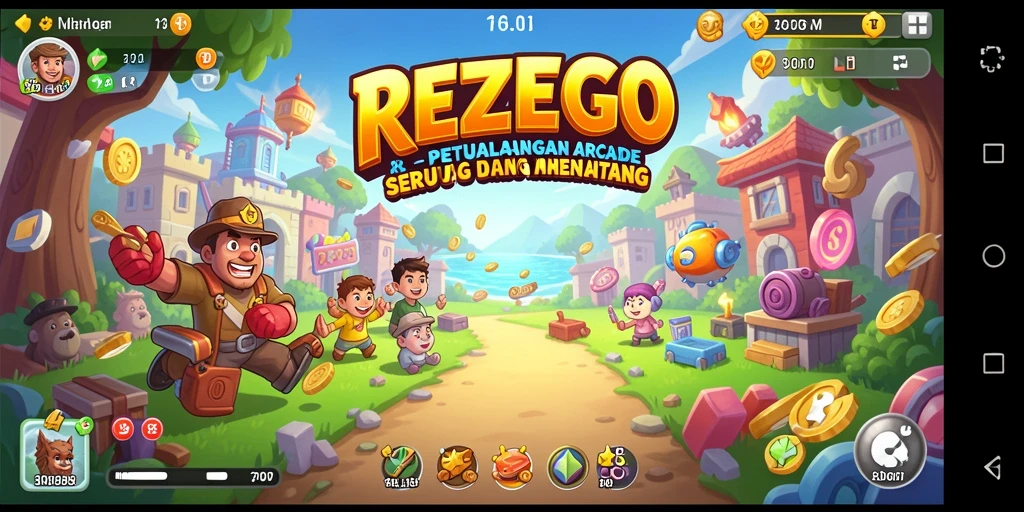 Screenshot utama REZEGO menunjukkan gameplay seru dengan karakter yang aktif.