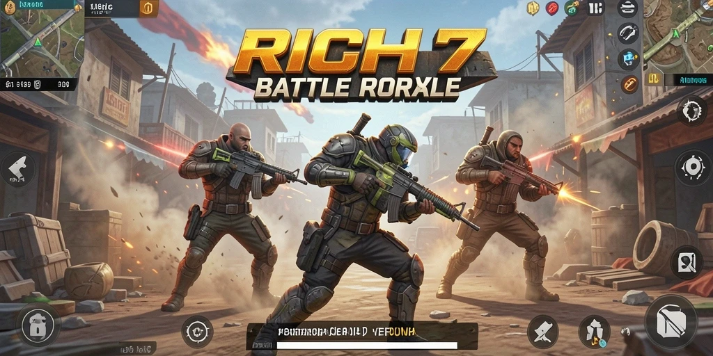 Screenshot RICH7 menampilkan gameplay intens dan pertarungan strategis dalam Battle Royale.