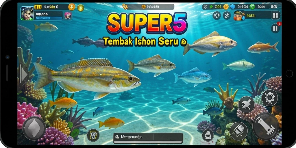 Tampilan gameplay SUPER5 dengan ikan berwarna-warni dan aksi tembak-menembak.