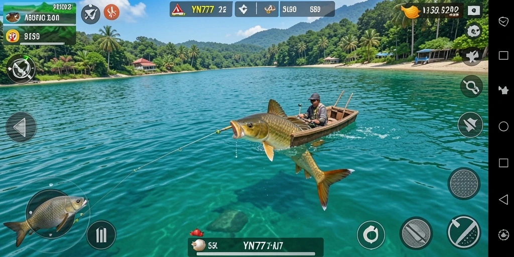Screenshot menunjukkan pemain menangkap ikan besar di latar indah.